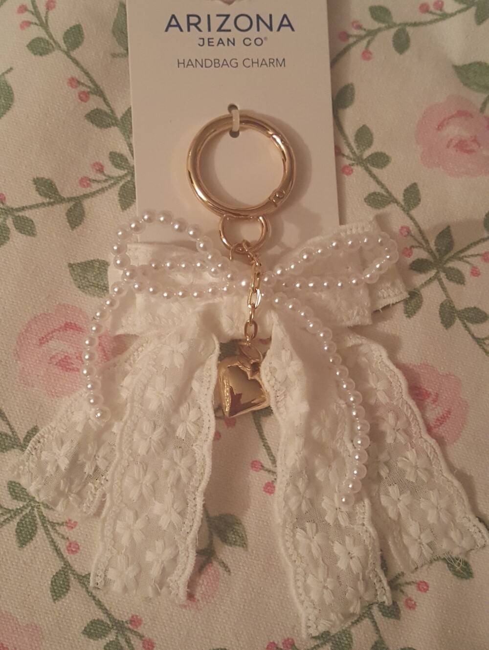 Arizona Jean Co' White Lace & Pearl Bow Keychain,Handbag Charm with Gold Heart💛